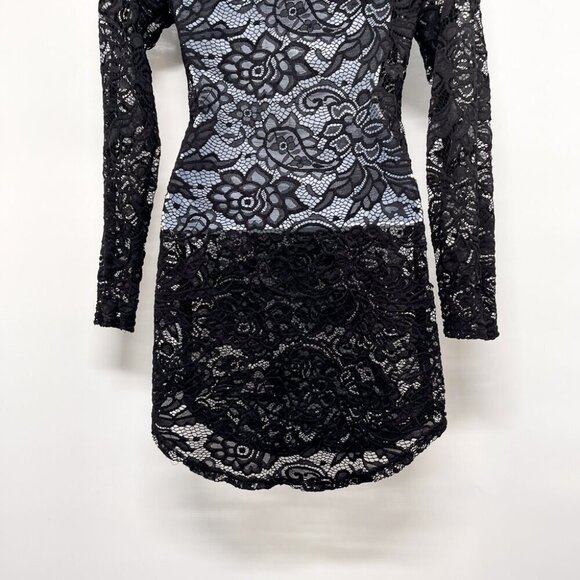 Sheer Black Floral Lace High Neck Long Sleeve Tunic Top Shirt Bodycon Fitted - Picture 6 of 9